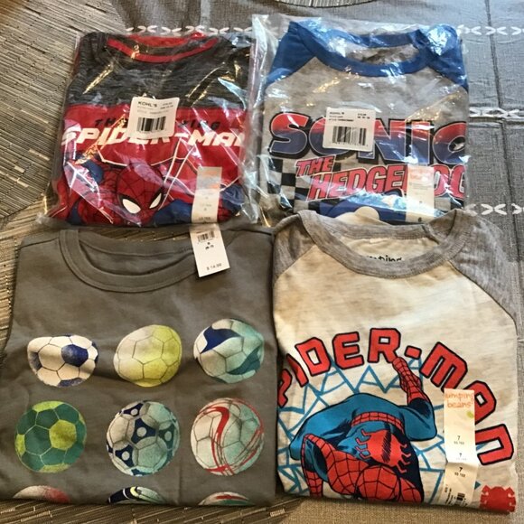 Lot of 4 New Boy's Spiderman, Sonic, and Basketball Shirts--Sizes 6 &7
